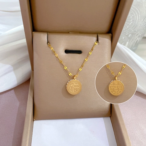 Collar Con Colgante Redondo Doble Cara Fu Xi Acero Titanio Estrás Incrustado Cadena De Clavícula Joyería Estilo Chino Mujer