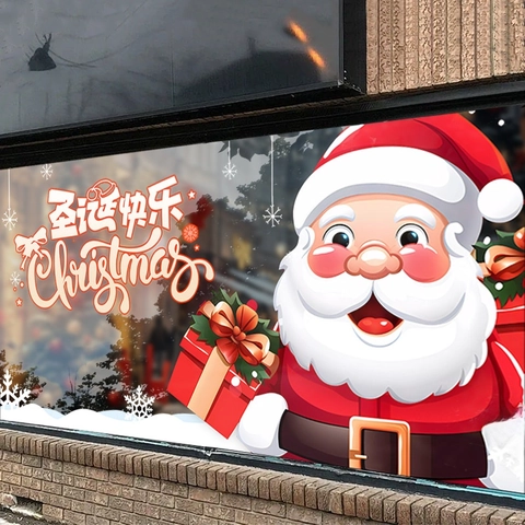 Pegatina Ventana Papá Noel Adsorción Estática PVC Color Doble Cara Dibujo Animado Copo Nieve Decoración Puerta Cristal