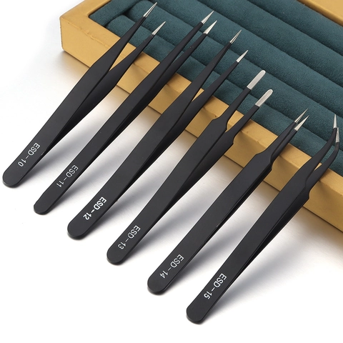 Precision Tweezers Anti Static Stainless Steel ESD Straight And Curved Tips For Jewelry Making DIY Crafts Electronics Repair