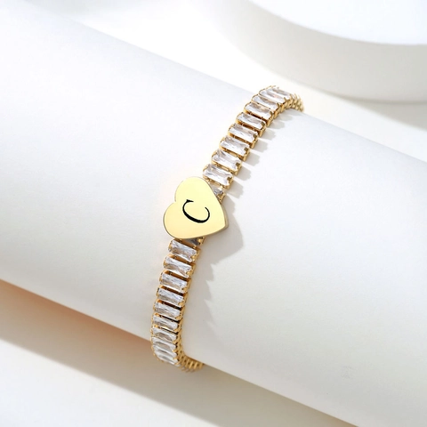 Stainless Steel Heart Alphabet Pendant Tennis Bracelet For Women Gold Plated Rectangle Rhinestone Inlaid Adjustable Jewelry