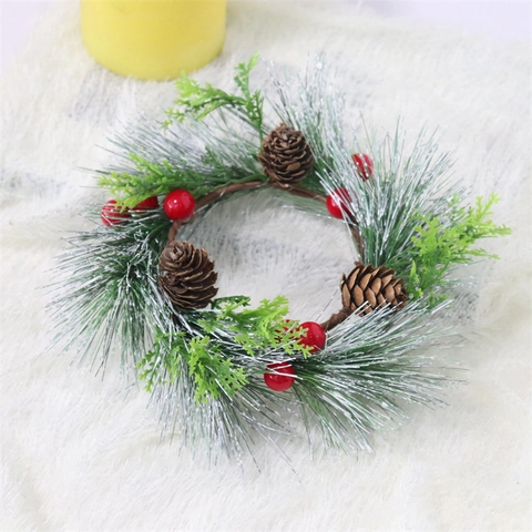 Couronne Anneau De Bougie Noël Aiguilles Pin Givré Pommes Pin Naturelles Baies Rouges Décoration Table