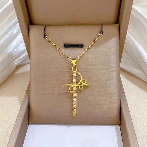 Titanium Steel And Copper Hollow Cross Pendant Necklace With Cubic Zirconia Elegant Dainty Luxury Clavicle Jewelry Women