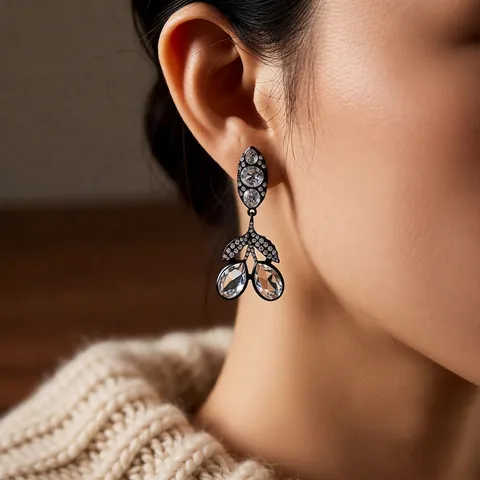 Orecchini Pendenti Foglia Vintage Con Perno In Argento Lega Strass Cristallo A Goccia Gunmetal Lusso Donna