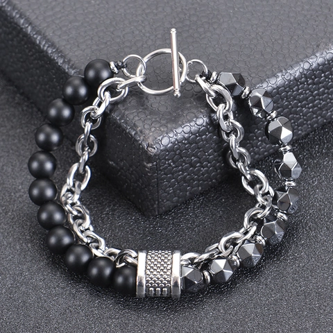 Bracciale A Strati In Pietra Naturale E Acciaio Inossidabile Chiusura A Leva Gioielli Punk Per Uomo E Donna