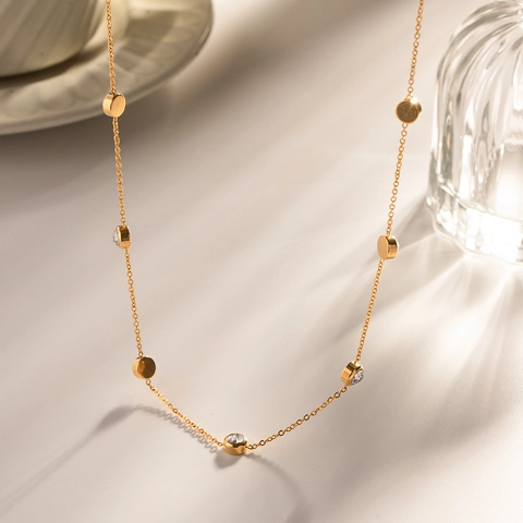 Round Cubic Zirconia Necklace And Bracelet Gold Tone Stainless Steel Bezel Setting Minimalist Elegant Jewelry For Women