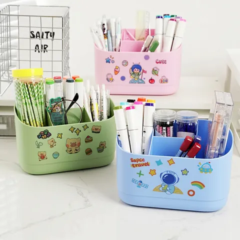 Schreibtisch Organizer Stifthalter Kunststoff Mehrere Fächer DIY Cartoon Aufkleber Desktop Schreibwaren Aufbewahrungsbox