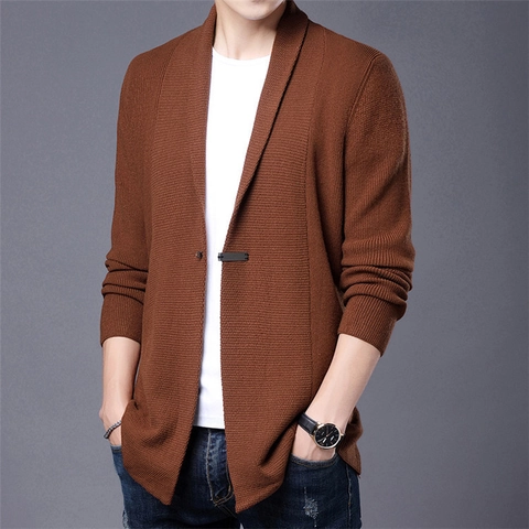Men Knitted Cardigan Sweater Viscose Polyester Polyamide Blend Slim Fit Long Sleeve Single Buckle Shawl Collar Casual Top