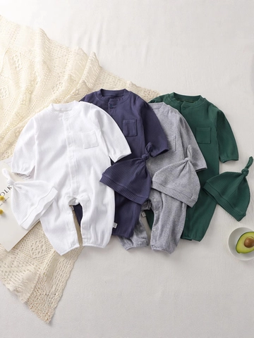 Infant Romper Jumpsuit And Knotted Hat Cotton Ribbed Long Sleeve Solid Color Baby Sleepwear Casual Soft Newborn Bodysuit
