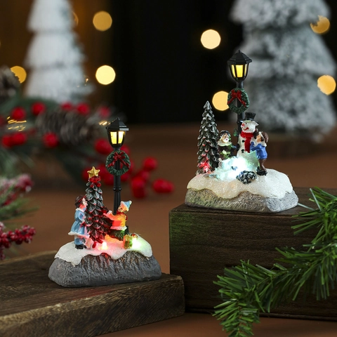 Glowing Christmas Resin Miniature Figurine Snowman Christmas Tree Street Light Micro Landscape Home Decor Ornament
