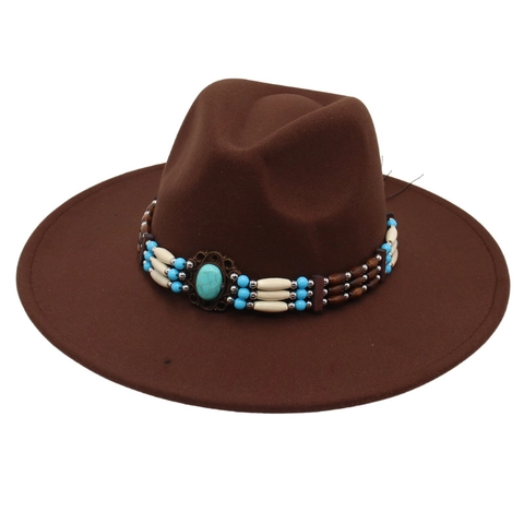Wide Brim Fedora Hat With Turquoise Bead Band Ethnic Style Wool Felt Jazz Hat Bohemian Western For Men Women