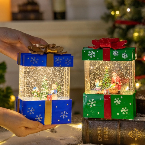 Christmas Snow Globe Lantern LED Light Up Gift Box Shape Santa Snowman Scene Glitter Water Glittering Holiday Desktop Decor