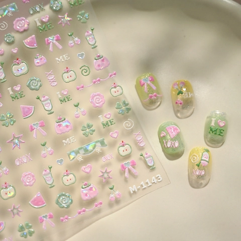 Autocollants Ongles Relief 3D Nœuds Mignons Fruits Pastèque Rose Vert Autocollants DIY Pour Femmes Enfants