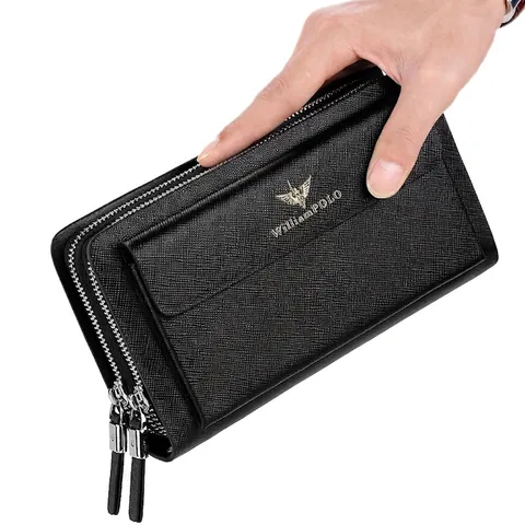 Men Business Clutch Bag Genuine Leather Long Zipper Wallet Saffiano Texture Handbag With Wrist Strap