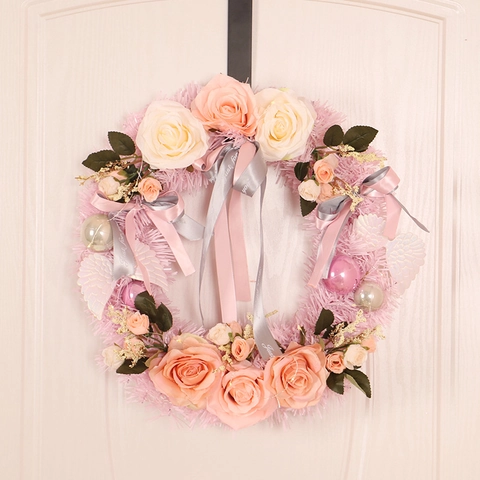 Pink Artificial Rose Flower Wreath Romantic Wedding Front Door Decoration Christmas Party PVC Ornament With Ribbons