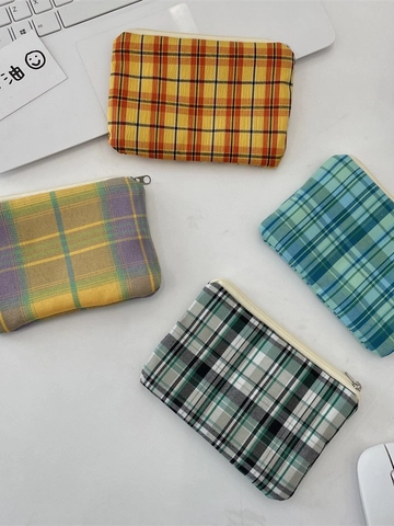 Plaid Coin Purse Vintage Polyester Canvas Small Storage Bag For Lipstick Keys Headphones Zipper Portable Trendy Wallet