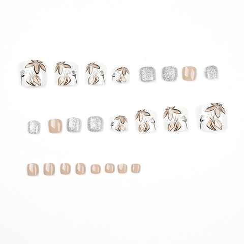 Bloem Blad Press On Toennagels Glanzend Bruin Nude Kunstmatige Nageltips Zilveren Glitter Vintage Minimalistisch