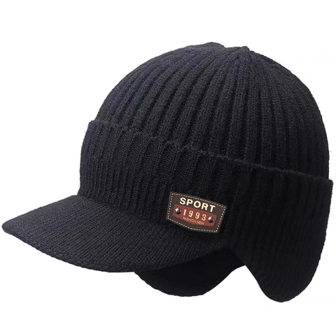 Men Winter Knit Beanie Hat With Visor Ear Flaps Thickened Warm Windproof Outdoor Acrylic Sporty Cap Neck Warmer