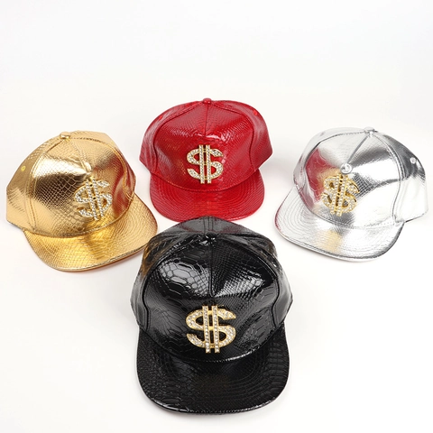 Hip-Hop Baseballkappe PU Leder Krokodilmuster Strass Dollarzeichen Flache Krempe Streetwear Verstellbarer Hut