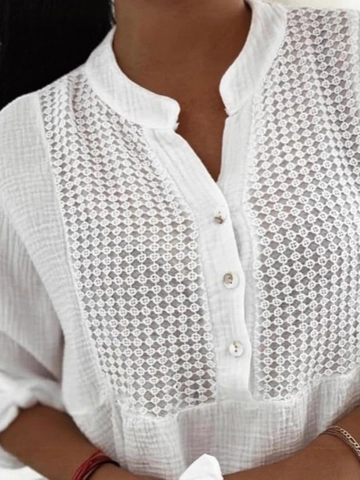 Dames Blouse Elegant Kant Patchwork V Hals Knoopsgat Losse Textuur Katoenmix Overhemd Lange Mouwen Tops