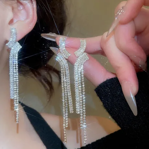 Elegante Geometrische Zirkon Lange Quasten Ohrhänger Mit 925er Sterling Silber Ohrstecker Für Damen Vintage Party Stil
