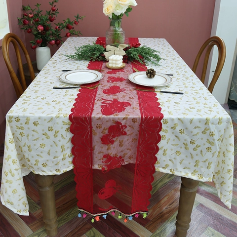Kerst Tafelloper Rood Kant Feestdecoratie Kwastjes Bellen Patroon Polyester Eettafel Decoratie