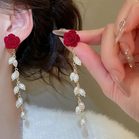 Pendientes De Borla Con Rosa Flocada 925 Sterling Silver Earring Post Perlas Artificiales Artificiales Joyería Vintage Elegante