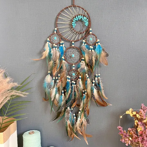 Tree Of Life Dream Catcher Turquoise Stone Feather Handmade Bohemian Wall Hanging Decor Home Ornament Gift