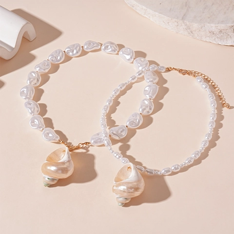 Collar Con Colgante De Caracol Marino Y Perlas Artificiales De Imitación Irregulares Estilo Playa Océano Joyería Barroca Para Mujer