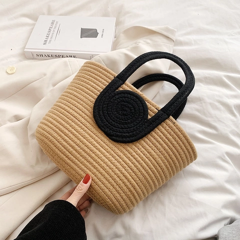Woven Cotton Rope Handbag Contrast Color Spiral Decor Large Capacity Tote Bag Casual Summer Travel Minimalist For Women