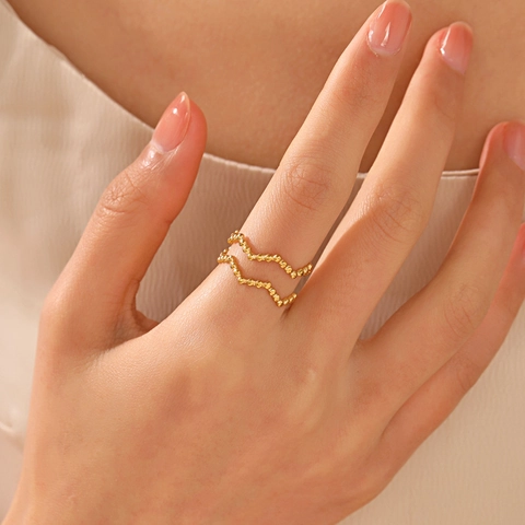 Double Layer Wave Beaded Ring Stainless Steel 18K Gold Plated Adjustable Open Band Minimalist Trendy Jewelry For Women