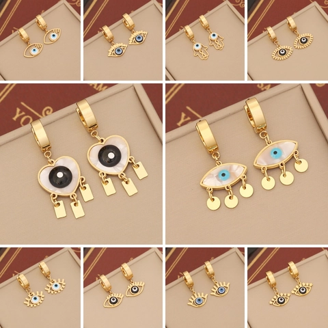 Evil Eye Dangle Hoop Earrings Stainless Steel Gold Plated Enamel Hamsa Hand Shell Bohemian Jewelry For Women