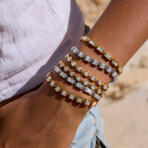 Pulsera Tennis De Acero Inoxidable Circonita Impermeable Hipoalergénica Corazón Redondo Cuadrado Joyería Mujer