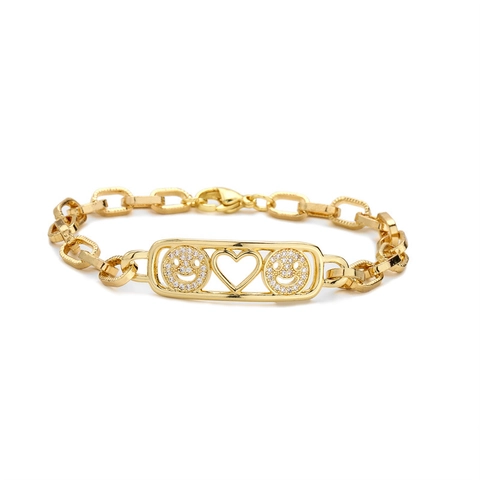 Bracciale Regolabile In Rame Placcato Oro Con Zirconi Faccina Sorridente Cuore Love Fulmine Stella Per Donna