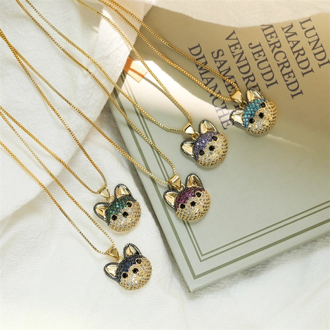 Trendy Copper Micro Pave Zirconia Cute Puppy Dog Head Pendant Necklace Box Chain Animal Shape Jewelry Gift For Unisex