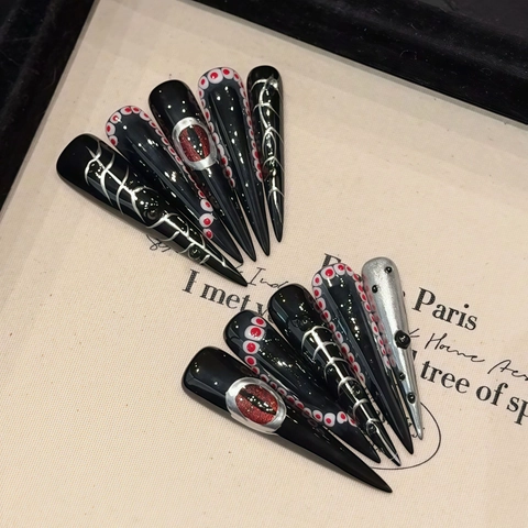 Extra Lange Stiletto Press On Nägel Gothic Dark Evil Eye Design Schwarz Silber Rot Punk Künstliche Nägel Für Frauen
