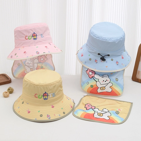 Kids Sun Hat Breathable Polyester UV Protection Neck Flap Adjustable Strap Cute Cartoon Rabbit Outdoor Toddler Girls