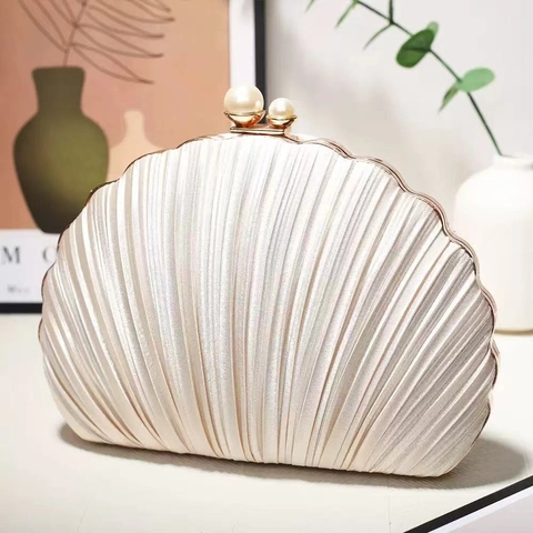 Shell Shaped Evening Clutch Bag Pleated Satin Satin Fabric Women With Metal Frame And Faux Artificial Pearl Clasp For Wedding Party