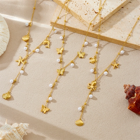 Stainless Steel Necklace Ocean Theme Sea Star Shell Butterfly Pendant With Faux Artificial Pearl Y-Shape Chain Elegant Jewelry Women