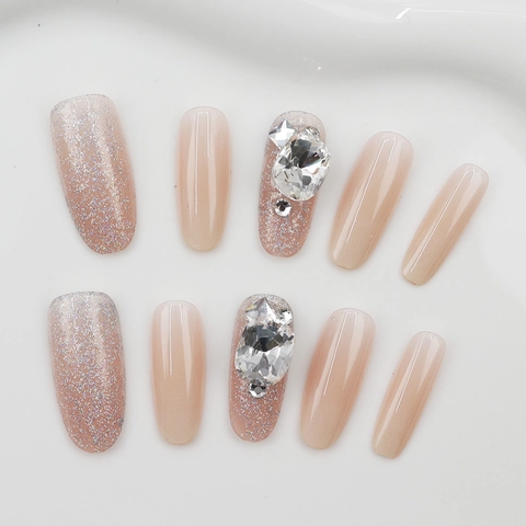 Unghie Finte Ovali Francesi Con Strass Perla Artificial Glitter Rosa Sfumato Unghie Lucide Per Donne Dolce Scintillante Staccabile