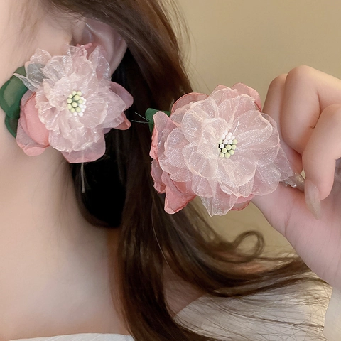 Grandes Boucles D'oreilles Fleurs En Tissu Rose Avec Tige En Argent Sterling 925 Bijoux Floraux Pour Femmes
