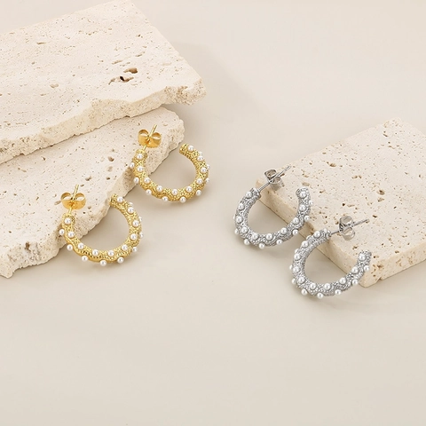 Pendientes De Aro En Forma De C Vintage De Acero Inoxidable 316L Con Perla Artificial De Concha Diseño Texturizado Joyería Elegante Para Mujer