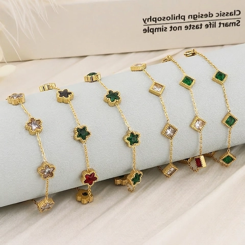 French Luxury Women Bracelet Titanium Steel 18K Gold Plated Inlaid Square Emerald Zircon Star Charm Adjustable