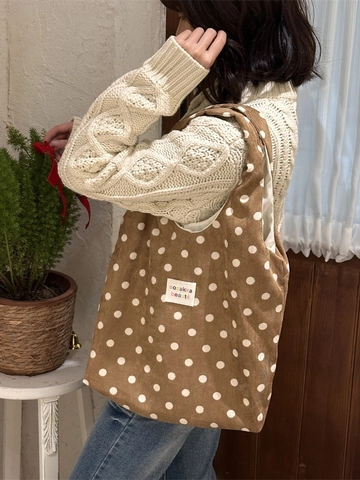 Vintage Polka Dot Cord Große Kapazität Tragetasche Für Damen Retro Casual Umhängetasche Studenten Pendler Schulbuch Tasche