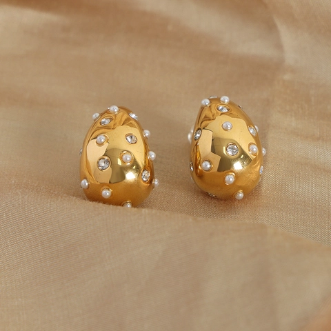 Geometric Teardrop Earrings Titanium Steel Hollow Shell Artificial Pearl Rhinestone Vintage Luxury Aesthetic Jewelry For Women
