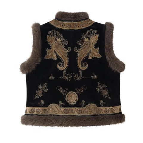 Women Velvet Vest Faux Fur Trim Beaded Embroidery Paisley Ethnic Vintage Sleeveless Outerwear