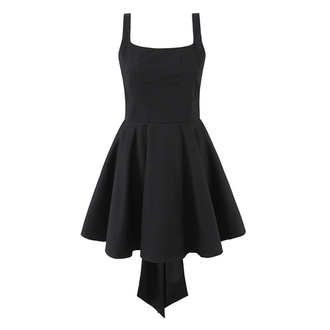 Mini Dress Women Polyester Viscose Blend Large Back Bow Backless Square Neck High Waist Sleeveless Sweet Elegant Lolita