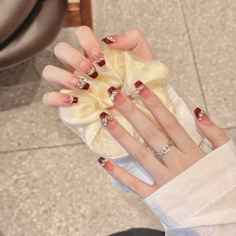 Handmade Press On Nails Berry Red Gradient Sparkling Rhinestone Artificial Pearl Star Coffin Fake Nails For Bride Wedding Women