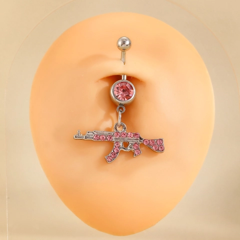 Punk Alloy Zirconia AK47 Rifle Pendant Belly Ring Inlaid Rhinestone Gun Shaped Navel Piercing Jewelry For Men Women