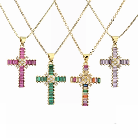 Collana Pendente Croce Rame Placcato Oro Con Zirconia Cubica Colorata Gioielli Di Moda Religiosi Per Uomo Donna