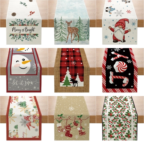 Table Runner Christmas Printed Polyester Linen Texture Holiday Dining Decor Reindeer Snowman Gnome Kitchen Party